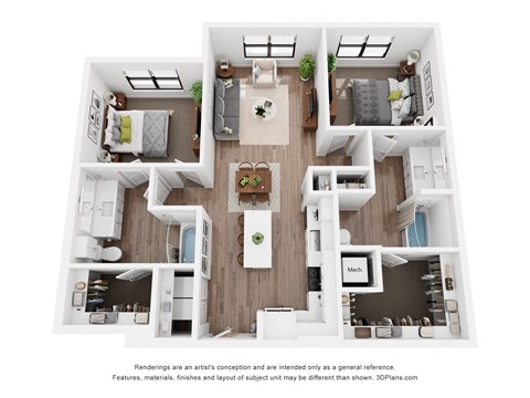 A 3D floor plan of a house with a kitchen, living room, dining room, and bathrooms.